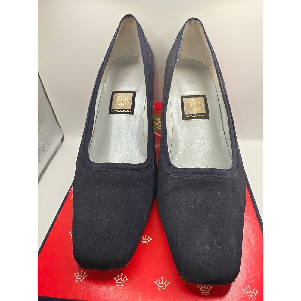 Nina Barbi Navy Peau Luster Satin Pumps Square Toe Block Heel Womens 9M